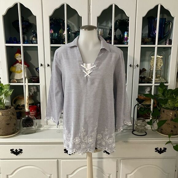 Pinstripe Embroidered Top  Alfred Dunner  Size 12 - Picture 1 of 11